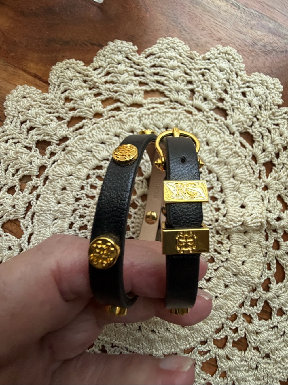 Rustic Cuff Black Leather Bracelet with Gold Accents